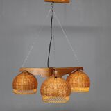 1970s Czechoslovakian rattan & pine pendant light, three-shade chandelier