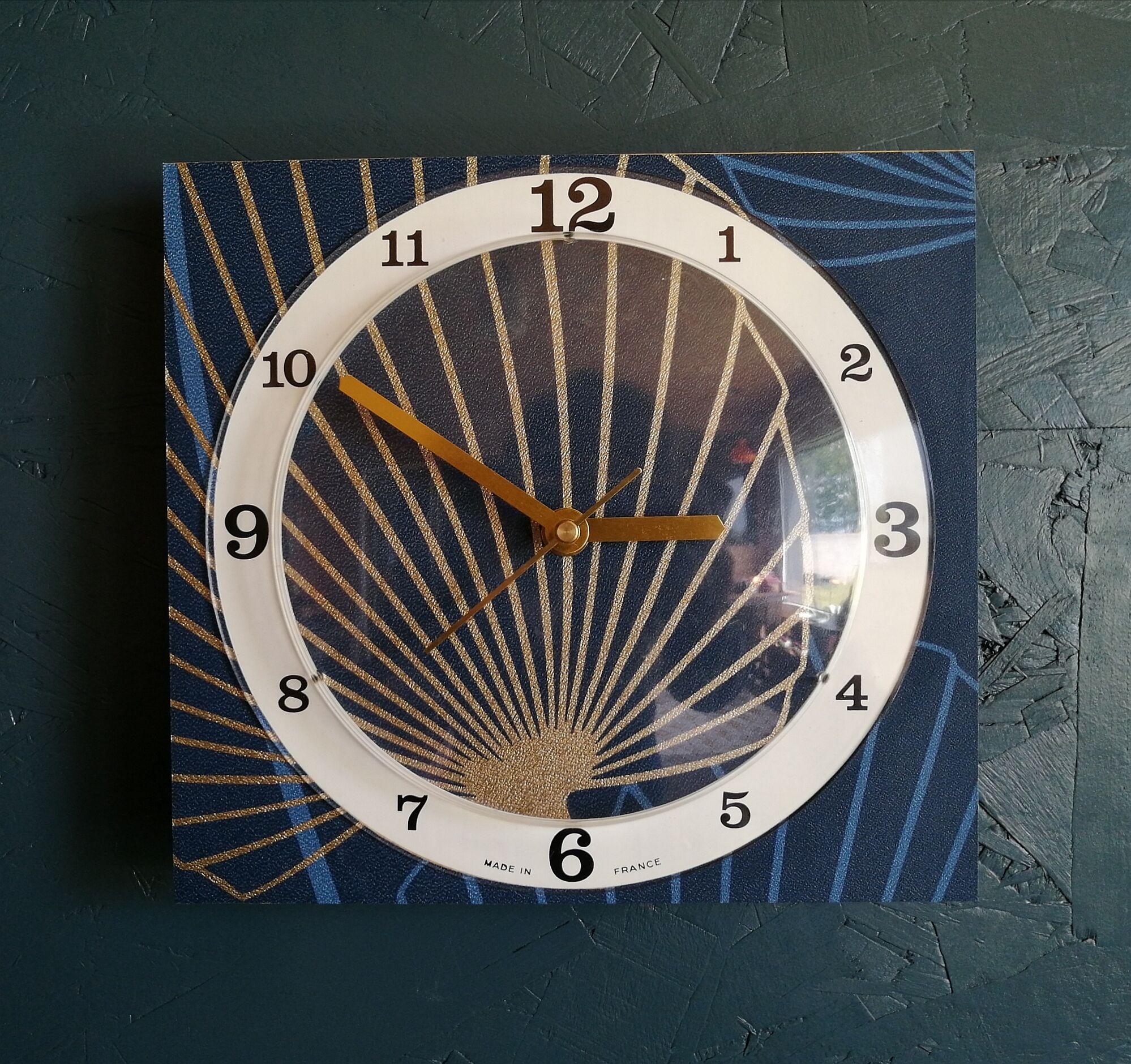 Vintage clock silent rectangular wall pendulum "golden blue vegetable"