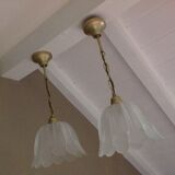 Pair of pendant lamps bell in frosted glass style art deco