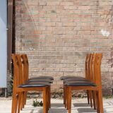 Set of 6 Scandinavian chairs in beech and black skaï, 1960s