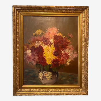 Old painting, still life with Dahlias, signed E Boudet late nineteenth century.