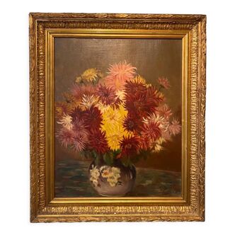 Old painting, still life with Dahlias, signed E Boudet late nineteenth century.