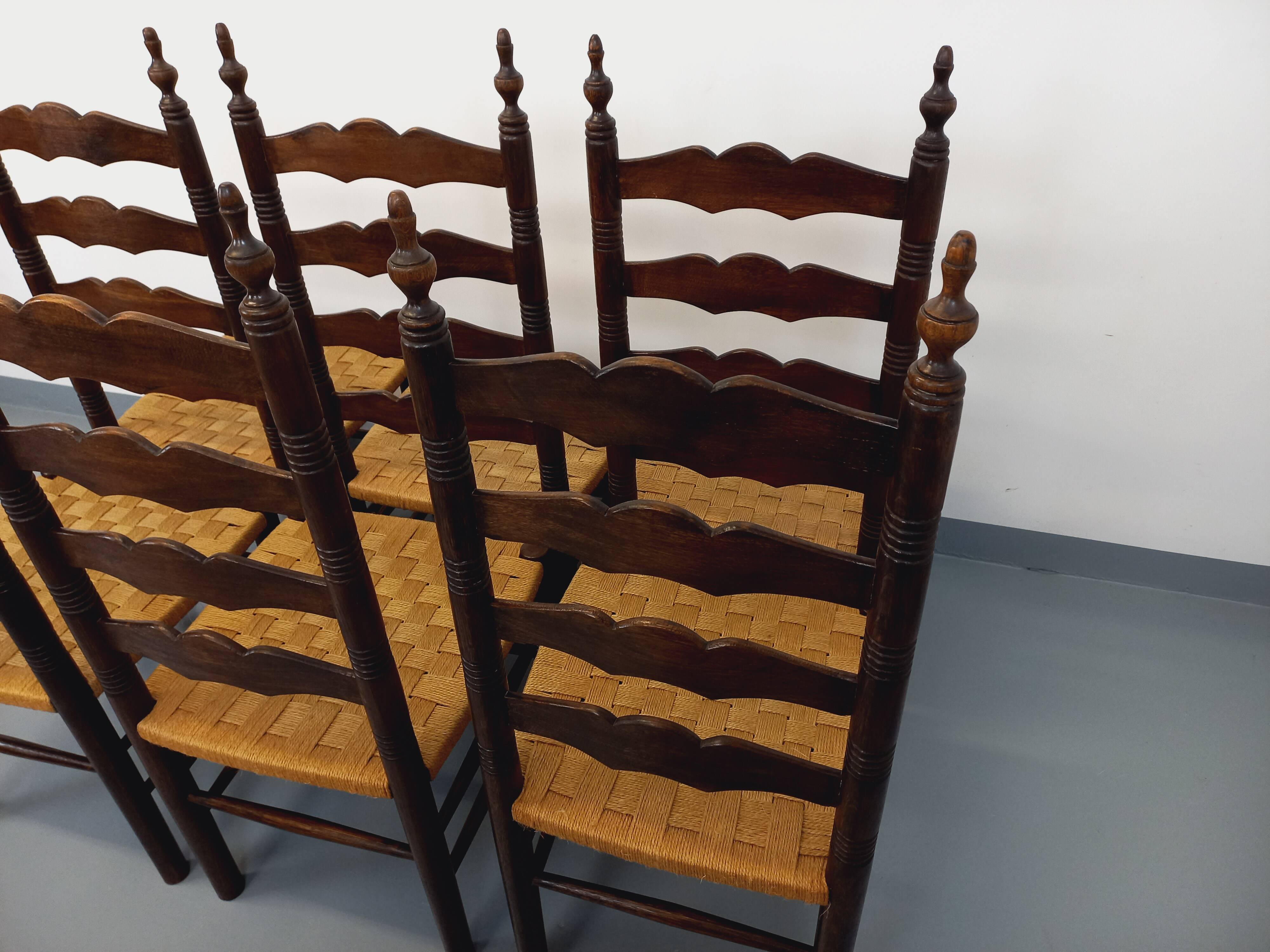 Set of 6 vintage Arts & Crafts chairs in Antonio Calligaris style in rope oak wood from the 50s