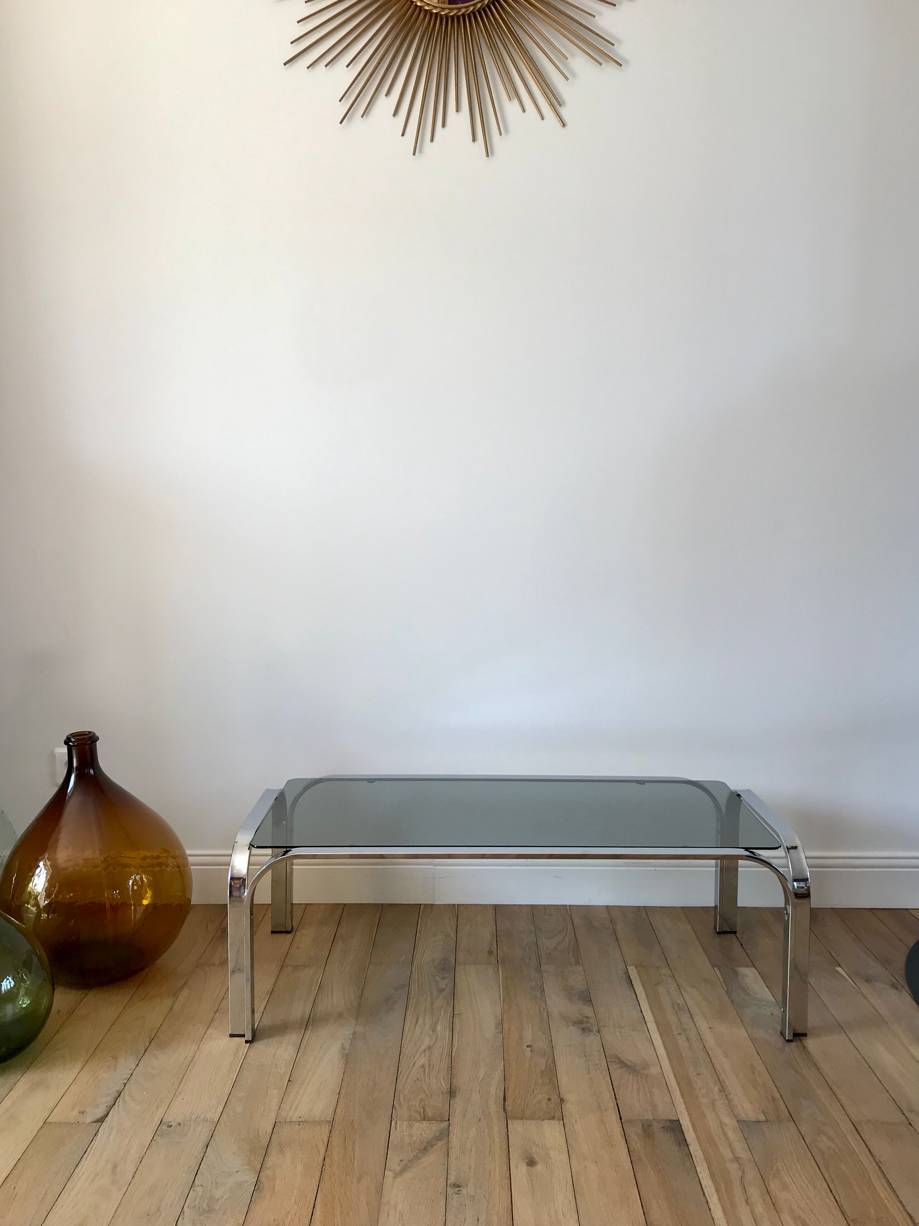 Coffee table in smoked glass and chrome 70s