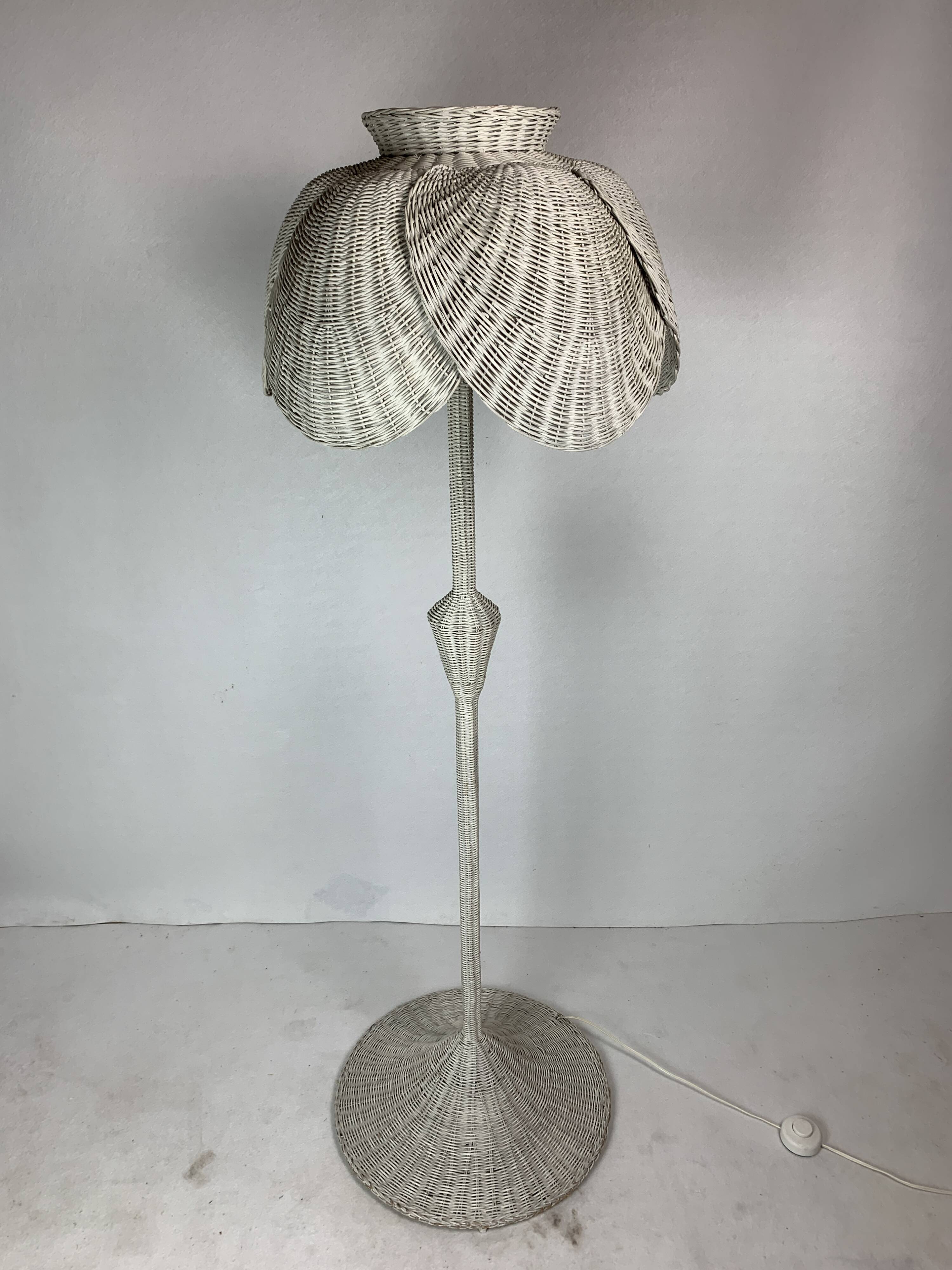 Mid-century French rattan wicker boho floor lamp, 1950s-1960s