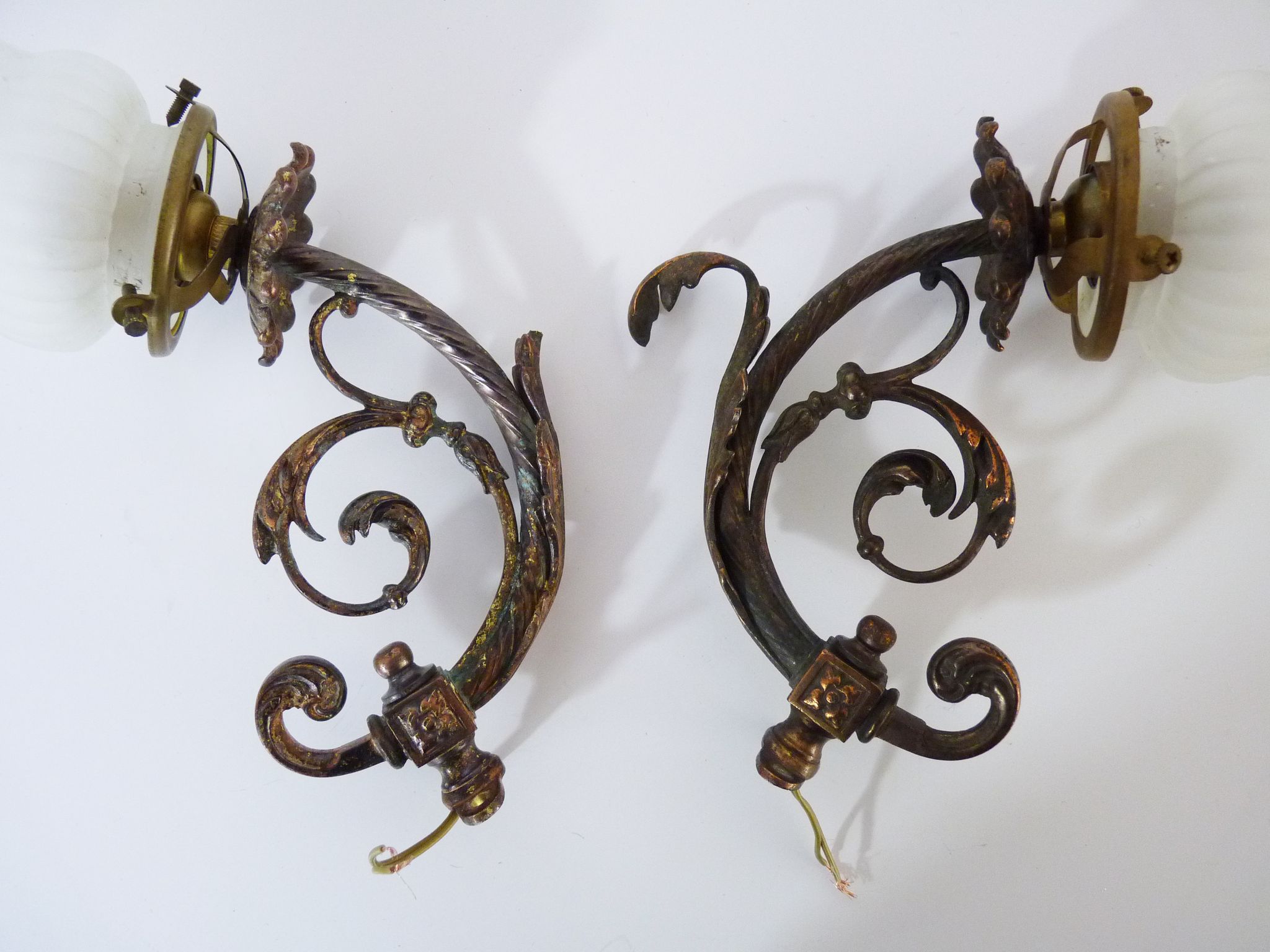 Pair of brass swan collar wall sconces, glass tulips, years 50