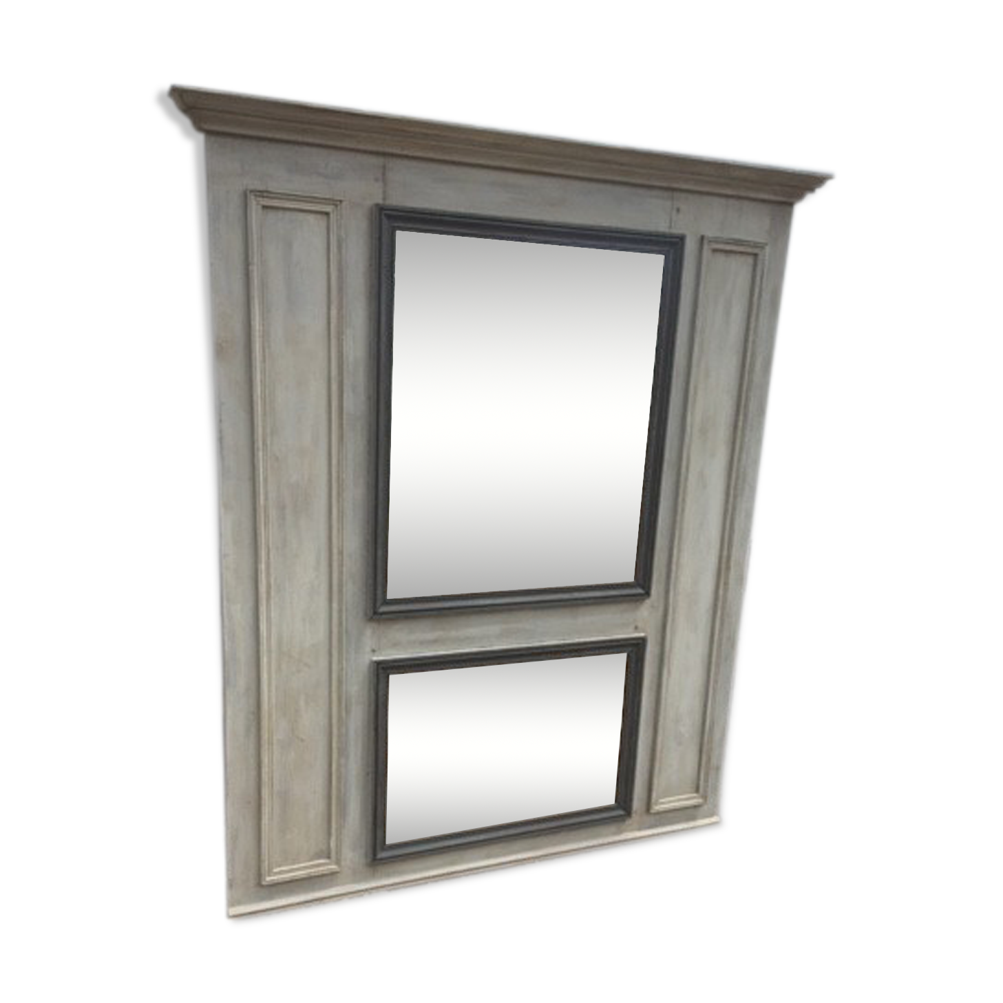 old trumeau mirror start xx to 2 mirrors patinated gray alpaca and gray trench coat 114x138cm