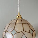 Vintage pendant lampshade in white and blue mother-of-pearl and brass