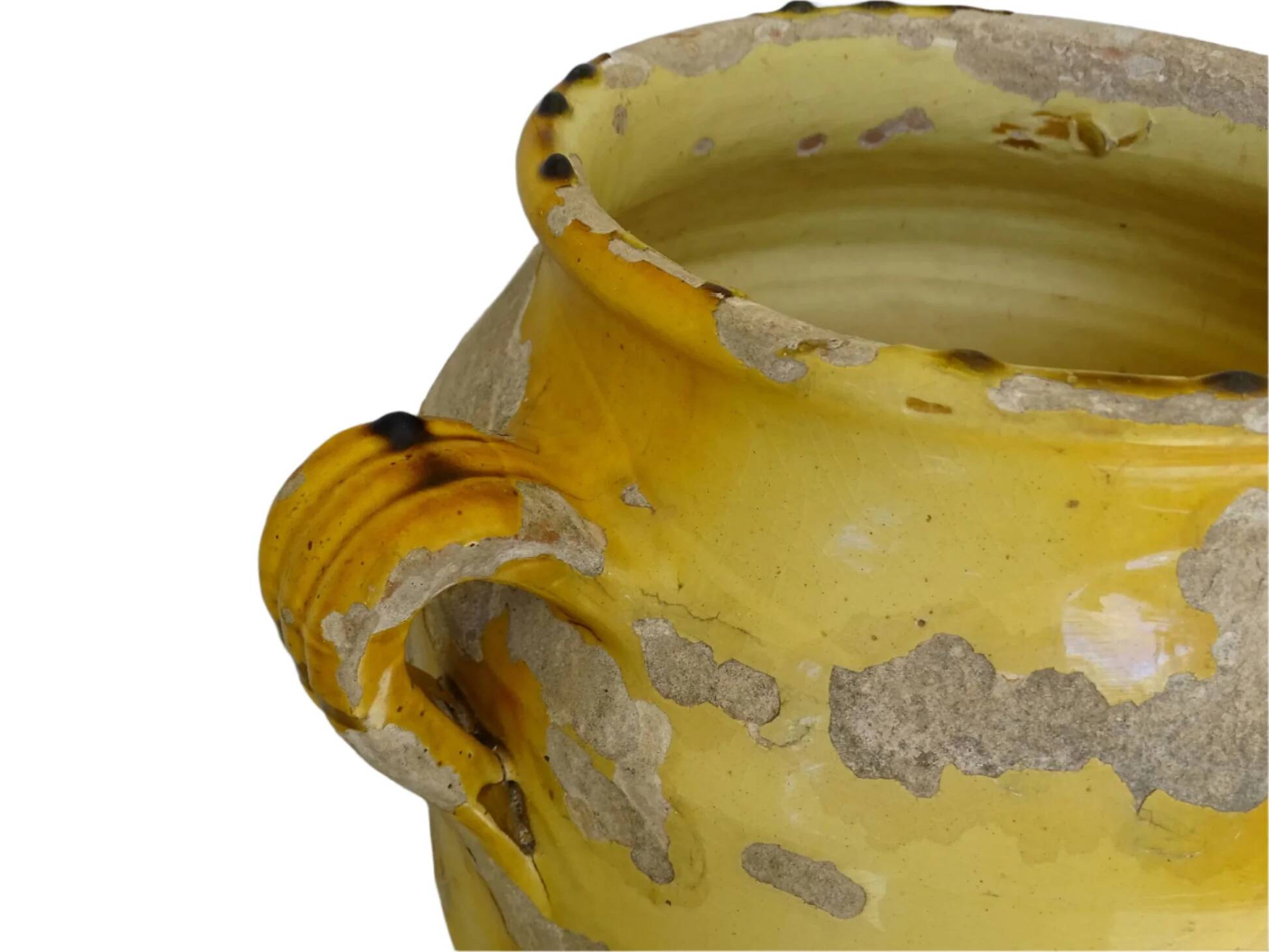 Grande vinaigrette ancienne française à glaçure jaune et verte à motif de pot à confit