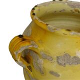 Grande vinaigrette ancienne française à glaçure jaune et verte à motif de pot à confit