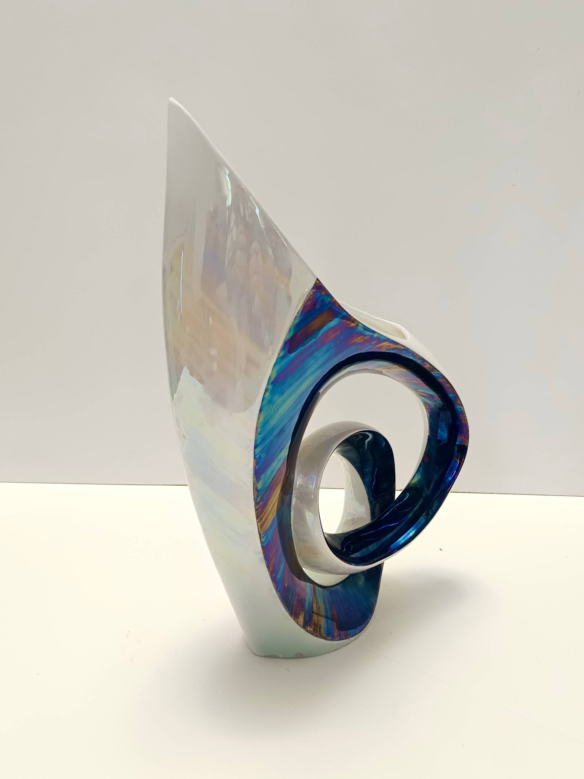 White and Iridescent Blue Ceramic Vase / Centerpiece by Lusso, Italy