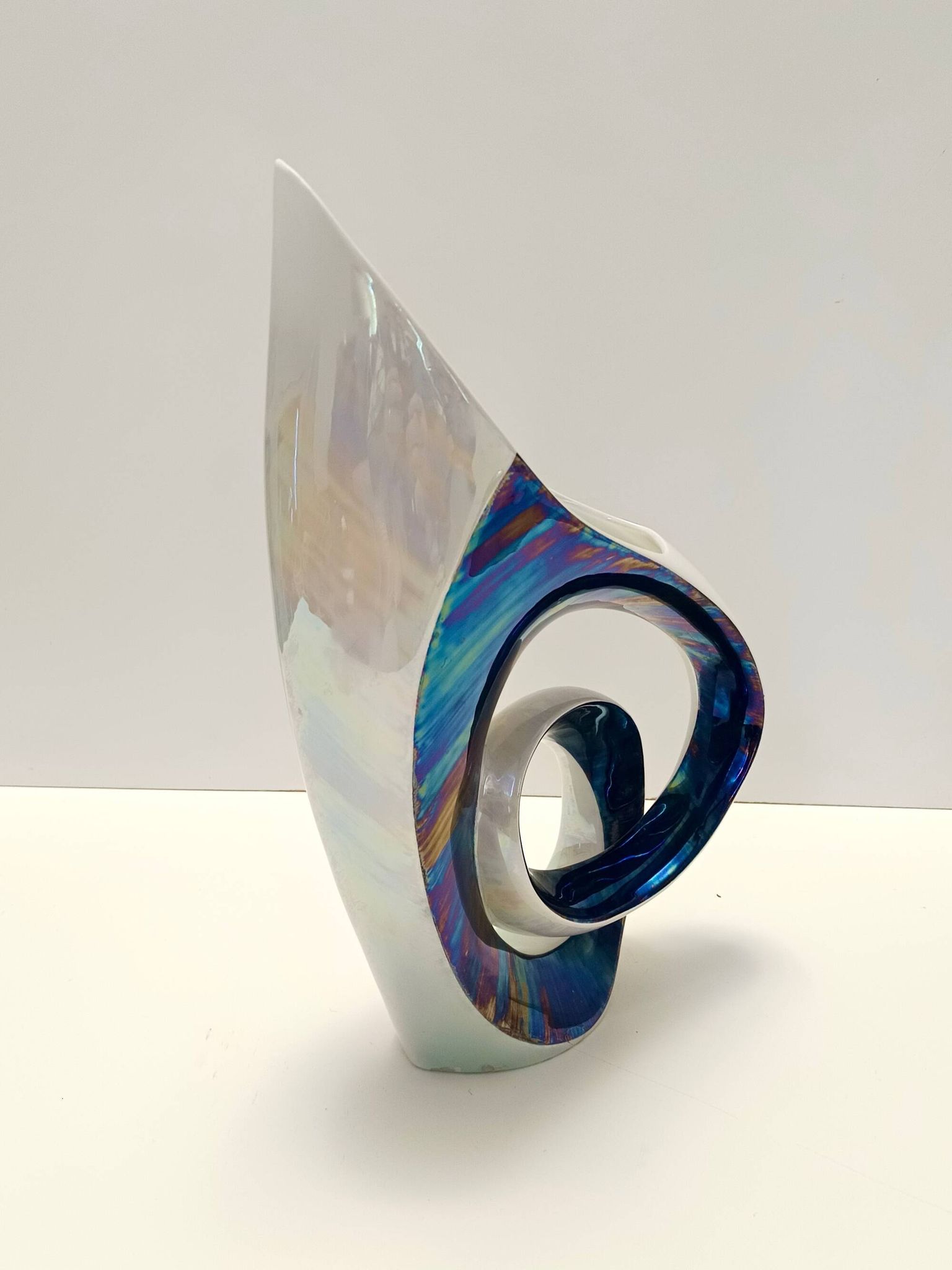 White and Iridescent Blue Ceramic Vase / Centerpiece by Lusso, Italy