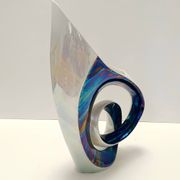 White and Iridescent Blue Ceramic Vase / Centerpiece by Lusso, Italy