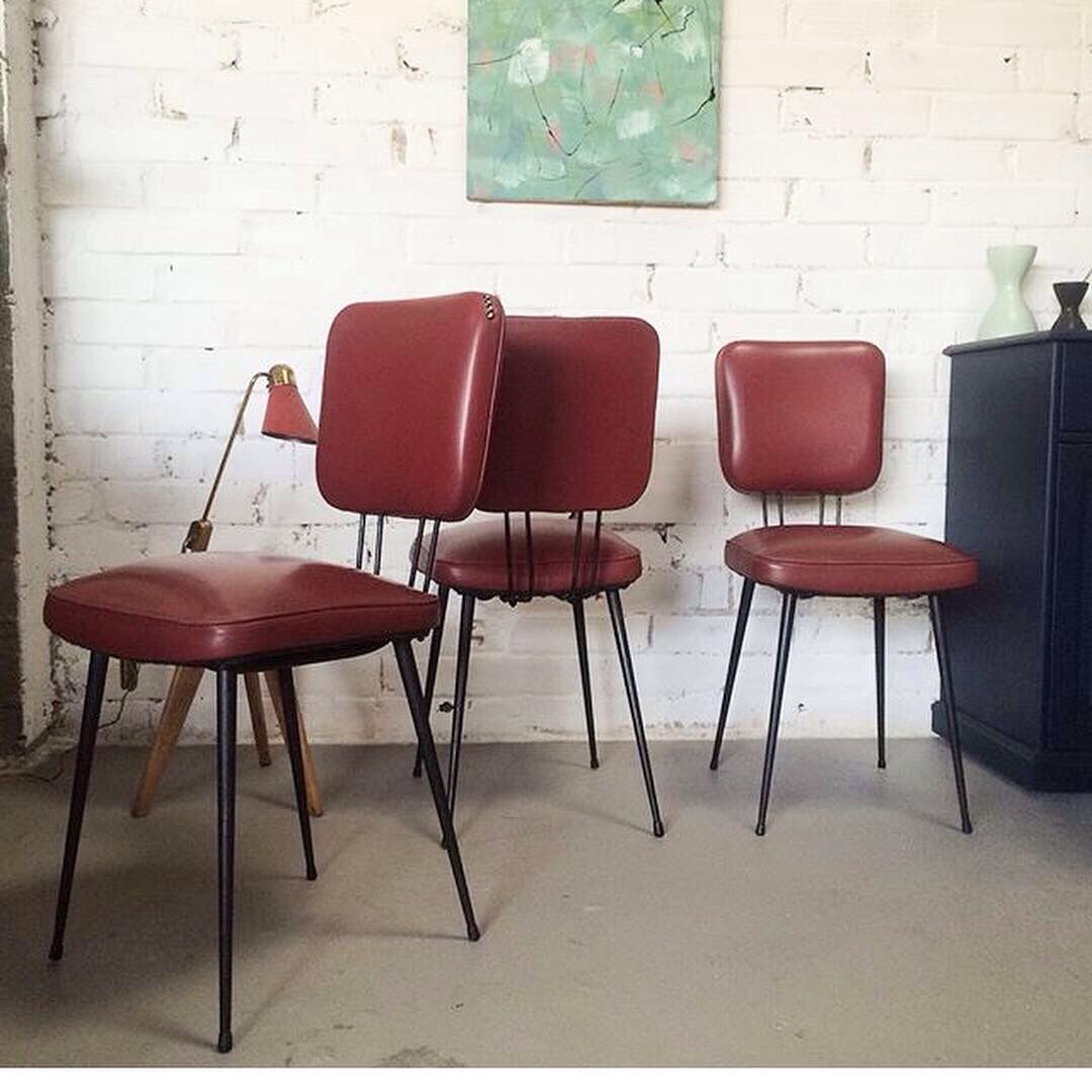 3 vintage chairs from the 50s in restored garnet red skai