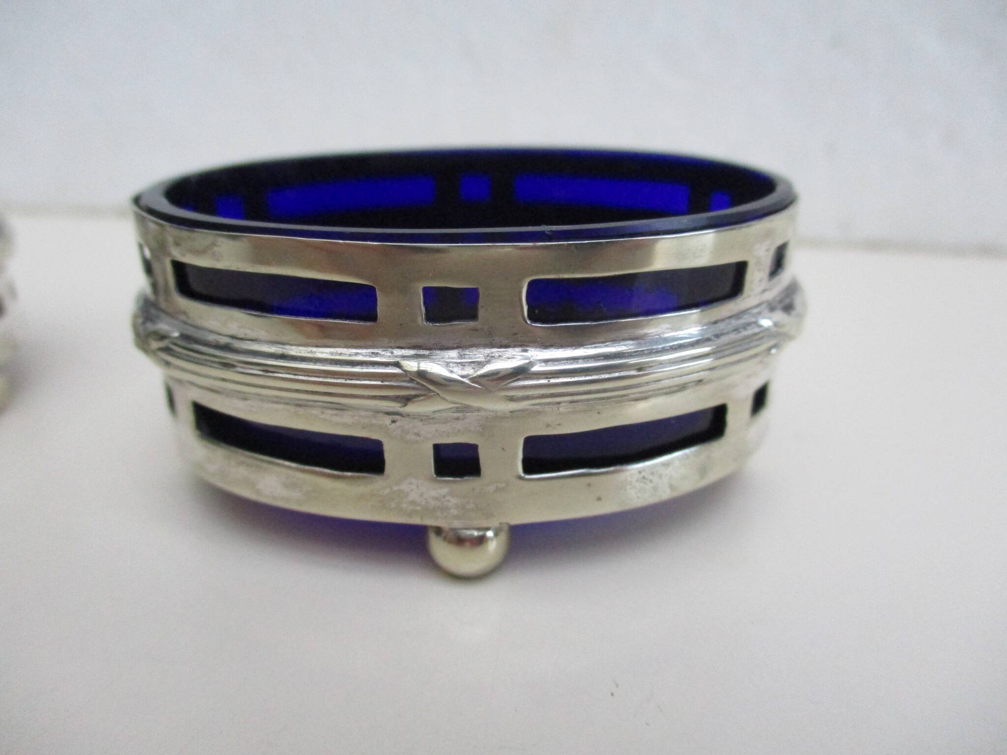 Silver metal and cobalt glass salt pots - EP St & co