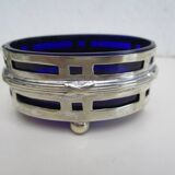 Silver metal and cobalt glass salt pots - EP St & co
