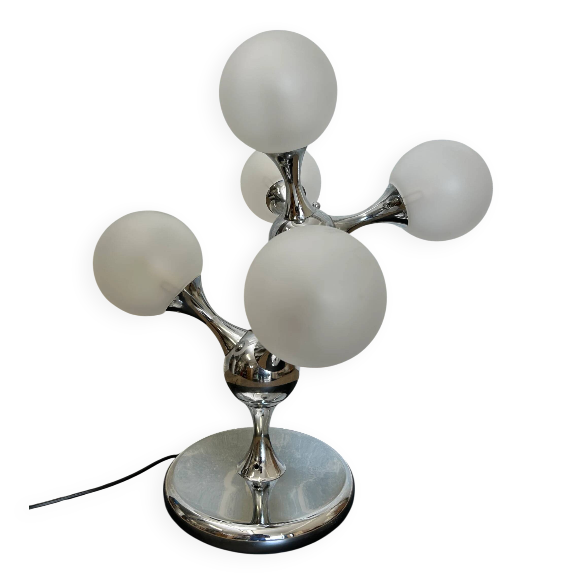 Unique table lamp with a chrome frame and opaque glass globes, 1970s, Space Age, Atomic Age, Sputnik