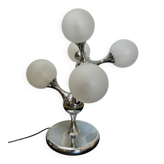 Unique table lamp with a chrome frame and opaque glass globes, 1970s, Space Age, Atomic Age, Sputnik
