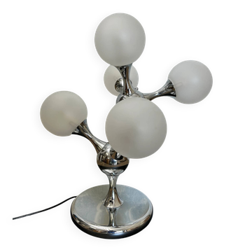 Unique table lamp with a chrome frame and opaque glass globes, 1970s, Space Age, Atomic Age, Sputnik