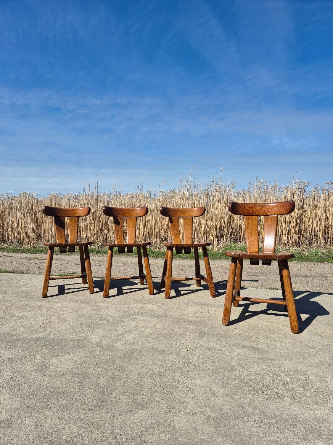Brutalist set solid oak round dining table 4 chairs Depuydt Belgium