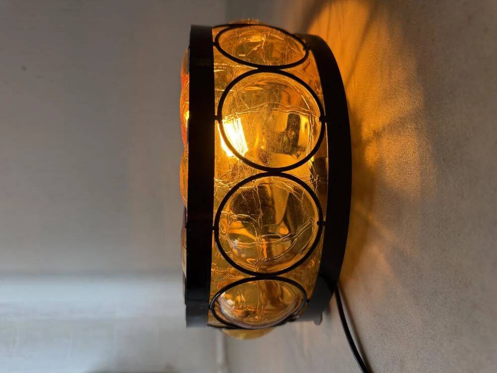 Vintage ceiling lamp amber crackle glass 1970s
