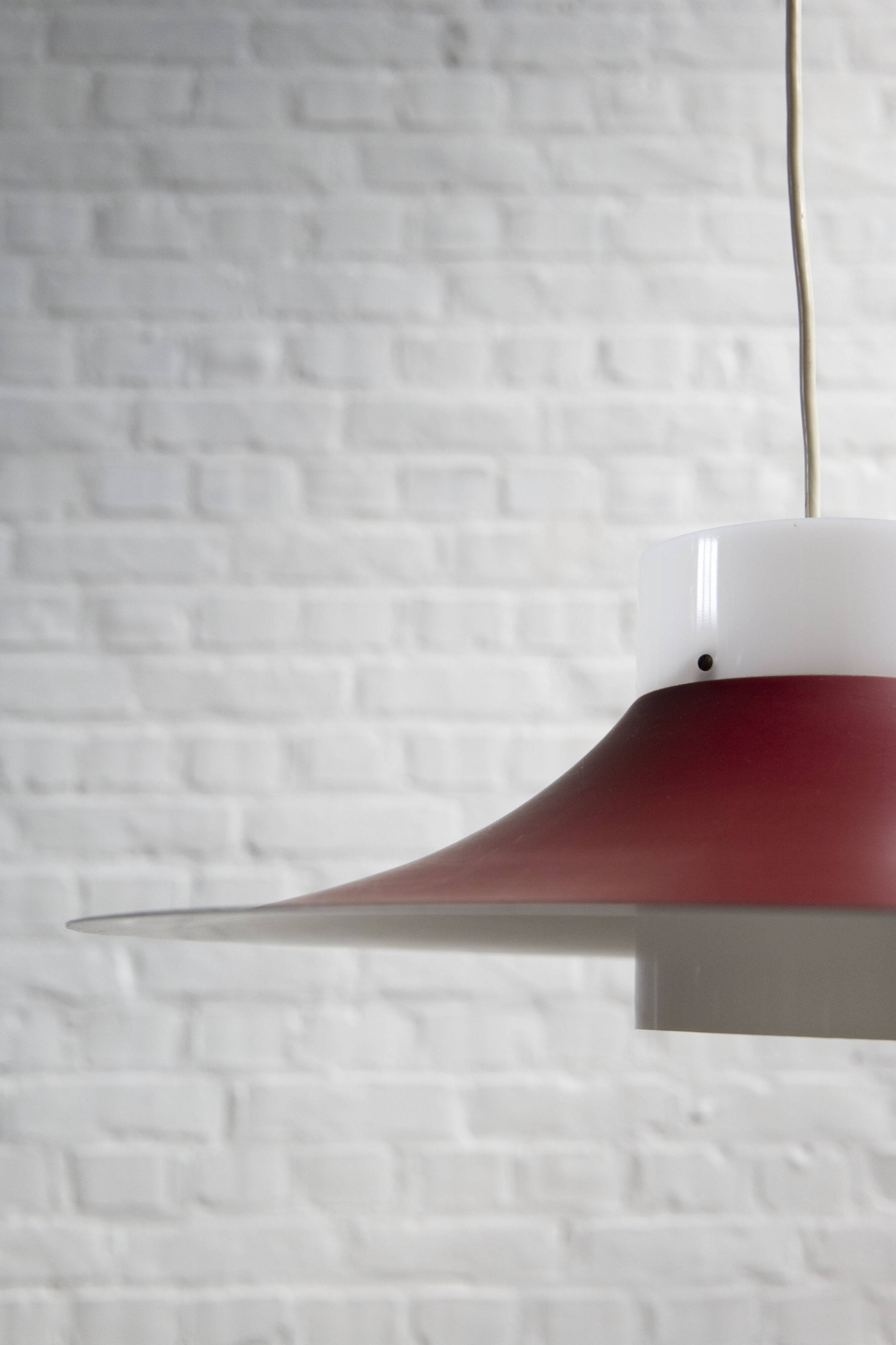 Danish red metal and opal plastic pendant lamp, 1960s