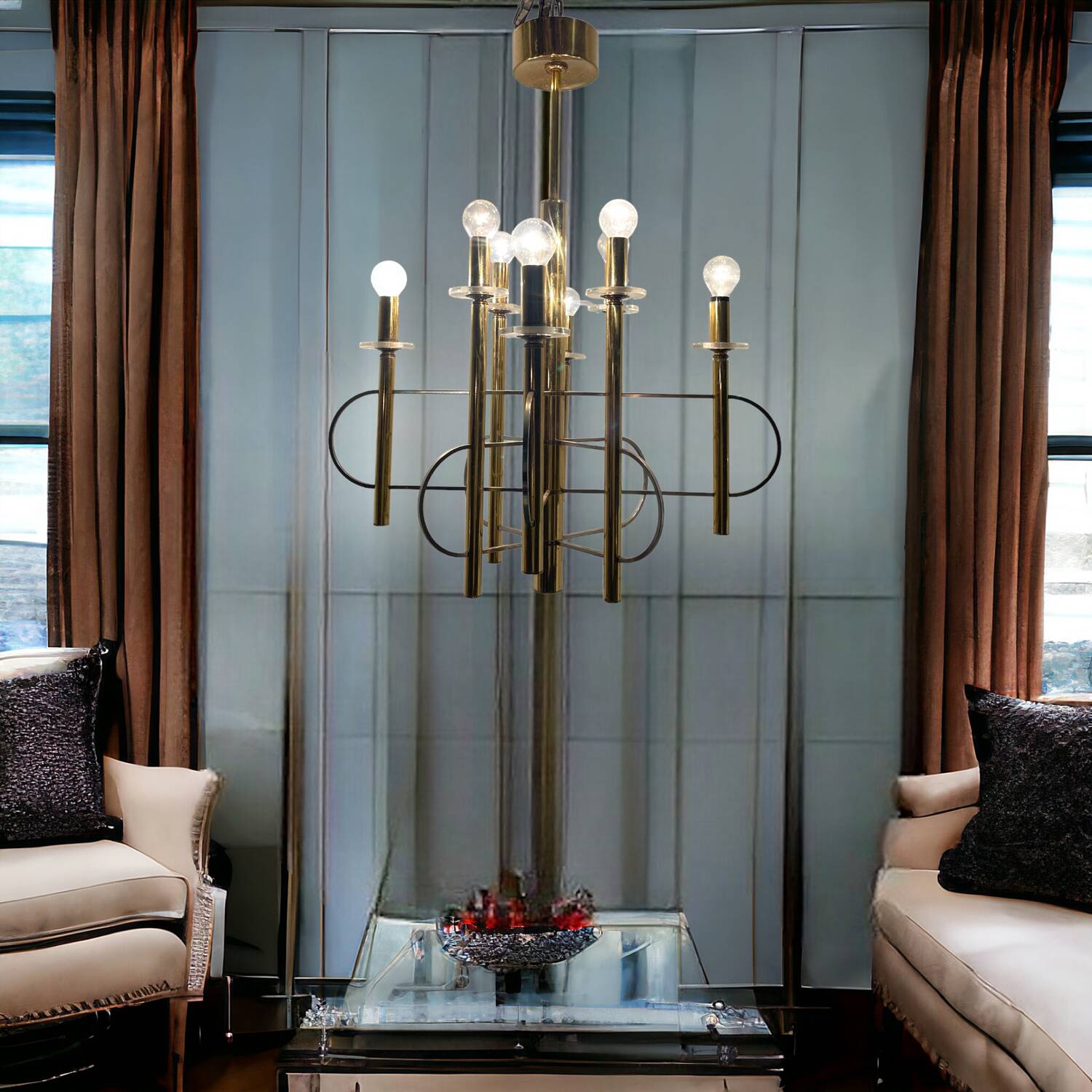 1970’s Architectural Brass Chrome Chandelier