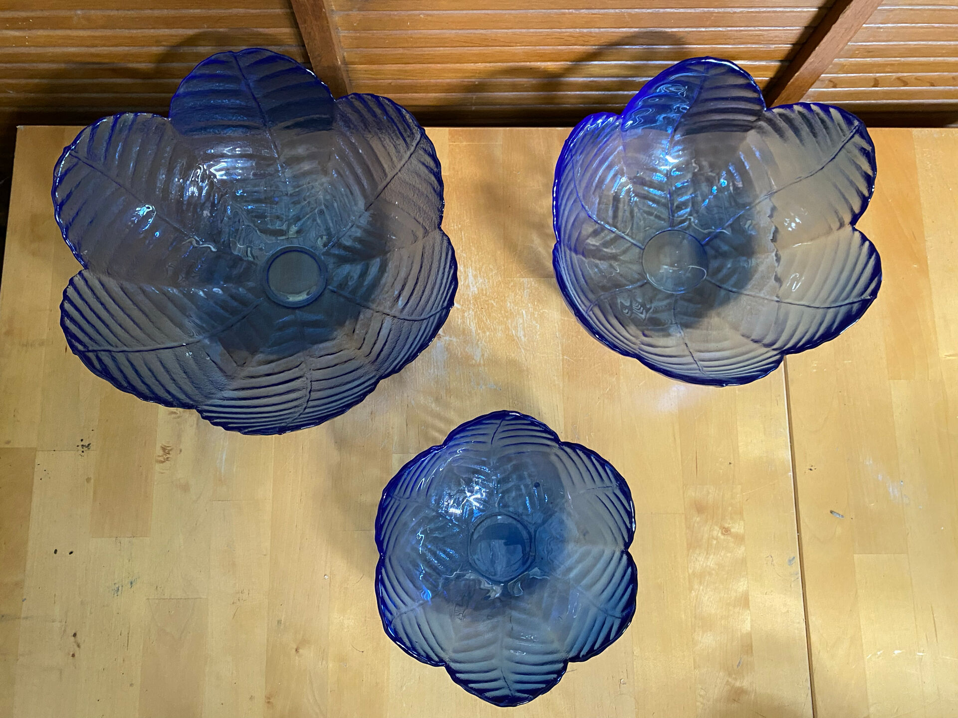 Set of 3 Cobalt Blue Moulded Glass Bowls in Flower Petal Shape Vintage