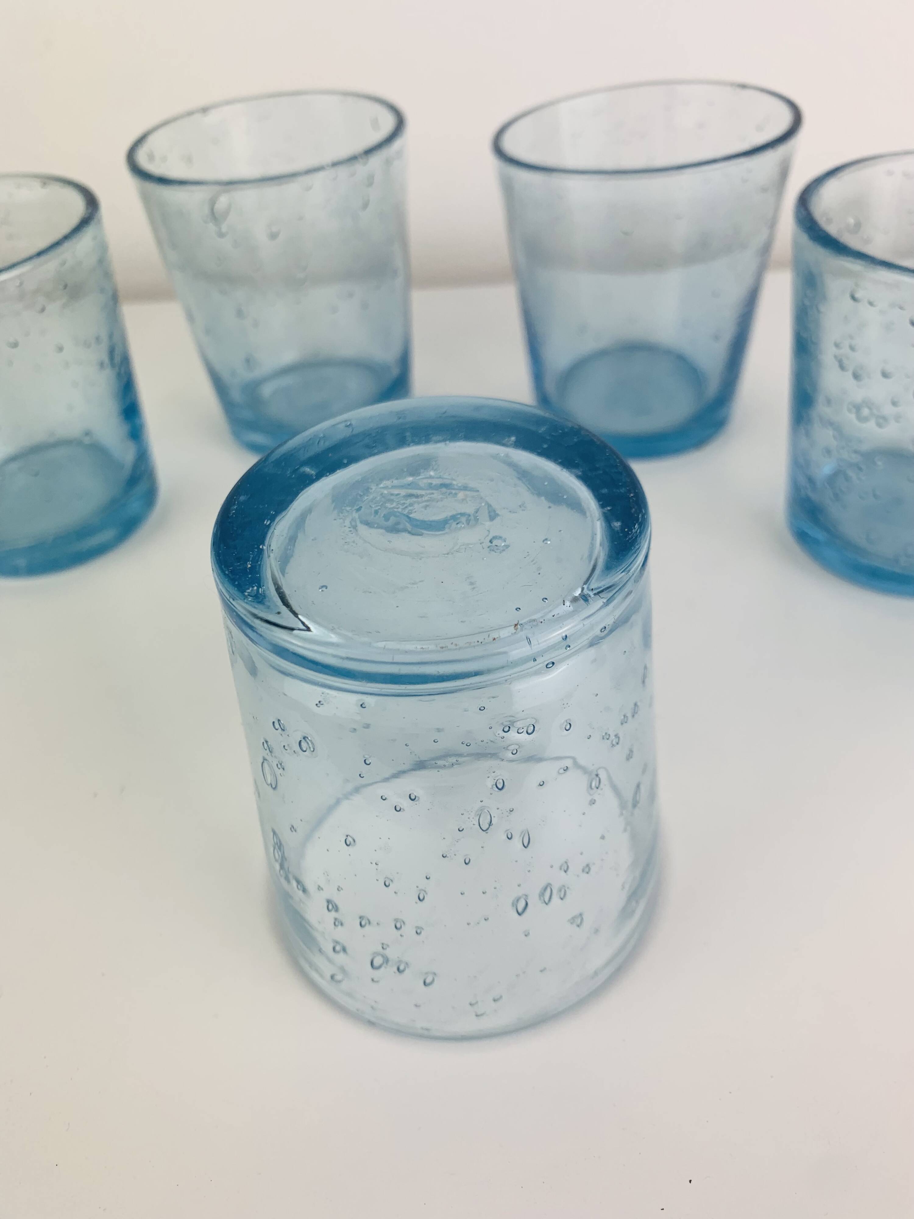 6 vintage blue bubble glass water glasses from Biot.