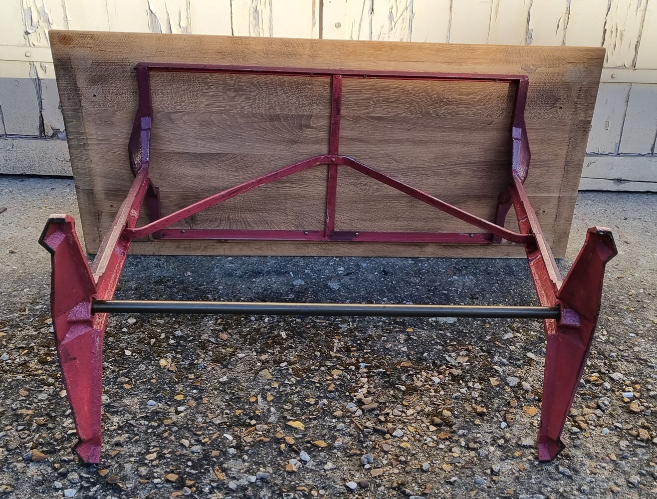 Bistro table, raw natural wood and cast iron foot, vintage