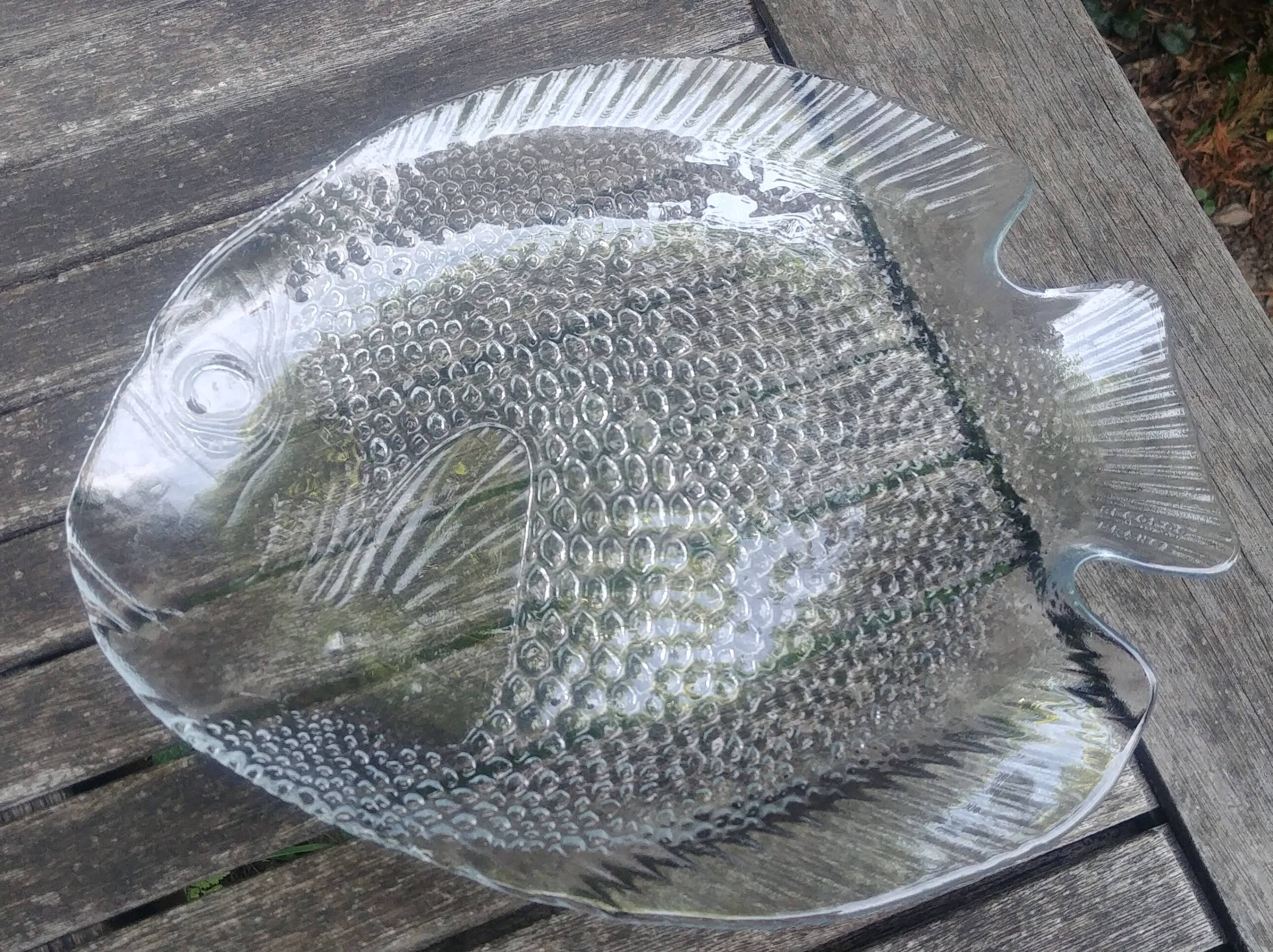 Set of twelve Arcoroc transparent glass fish-shaped dinner plates - vintage.
