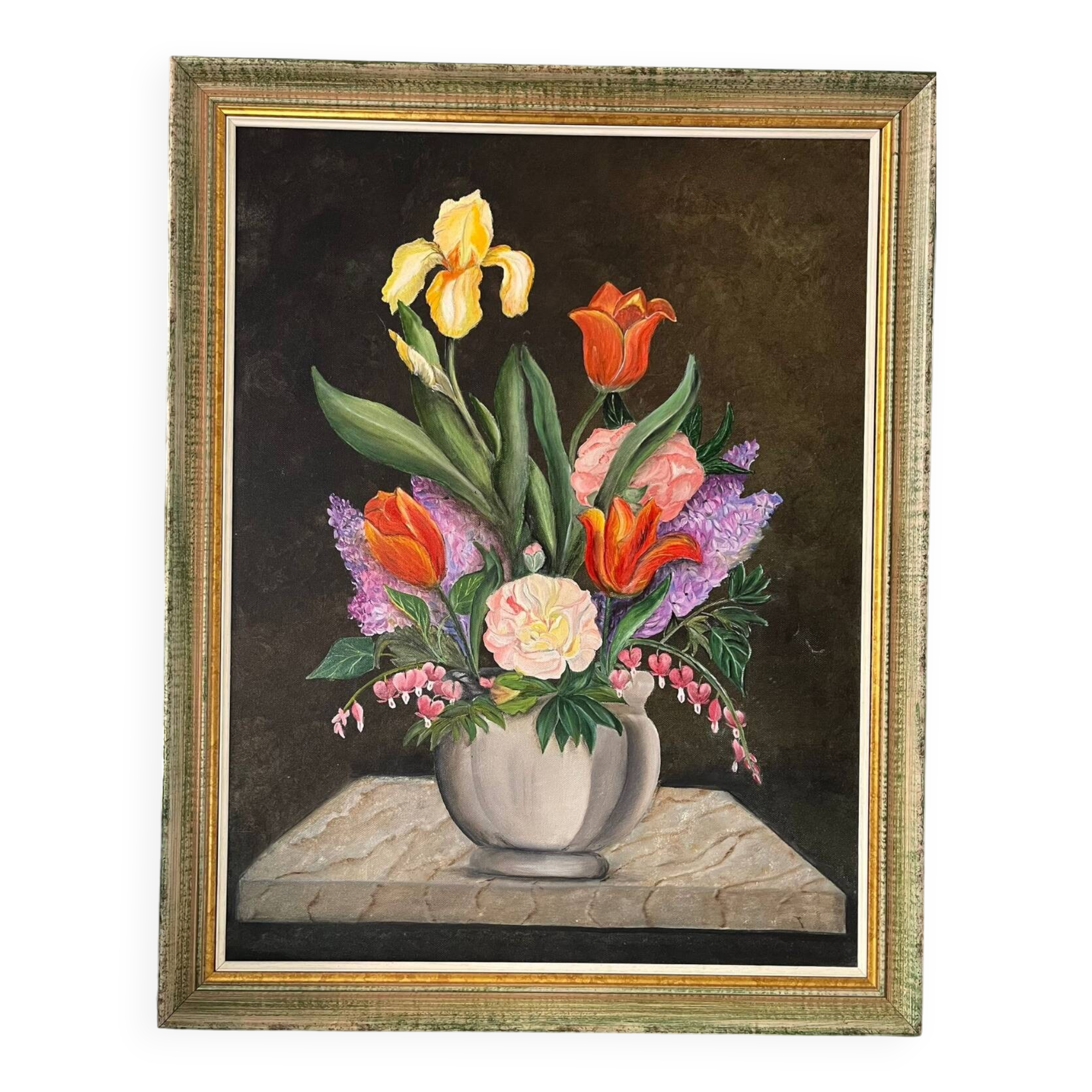 Vintage painting - floral still life on black background