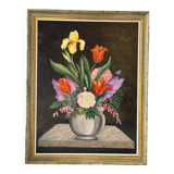 Vintage painting - floral still life on black background