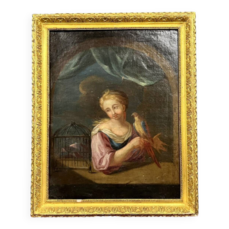Huile sur toile 'Dame Au Perroquet' dans le gout de Godfried Schalcken, école Hollandaise 17ème