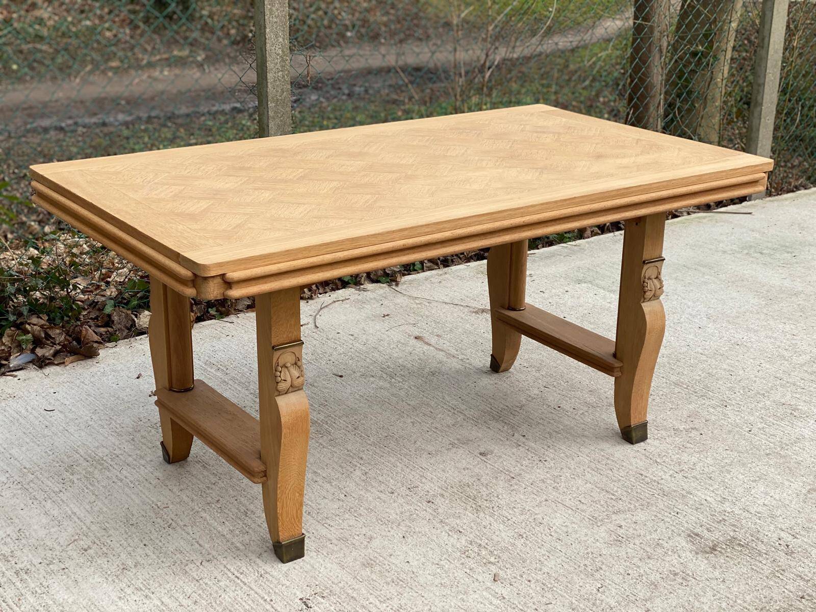 Art Deco extendable dining table renovated in raw oak and marquetry 220