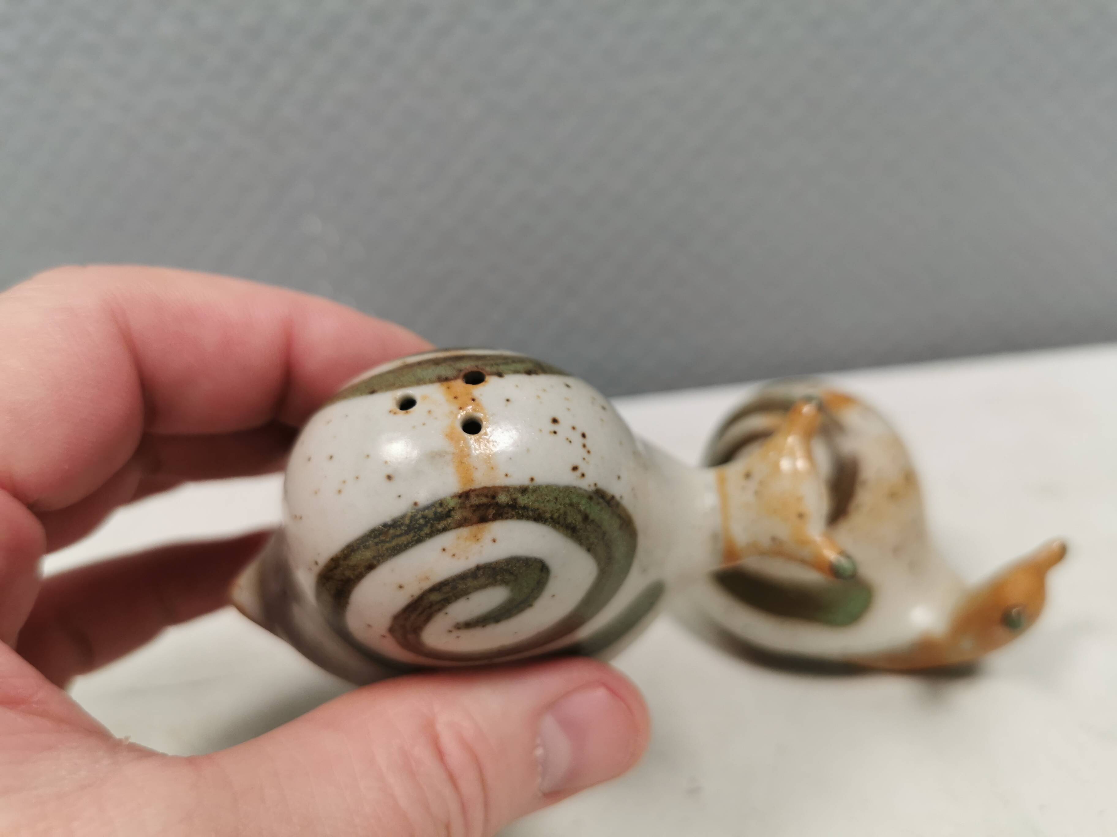 Ceramic snails as salt and pepper shakers, Denmark, 1970s-1980s