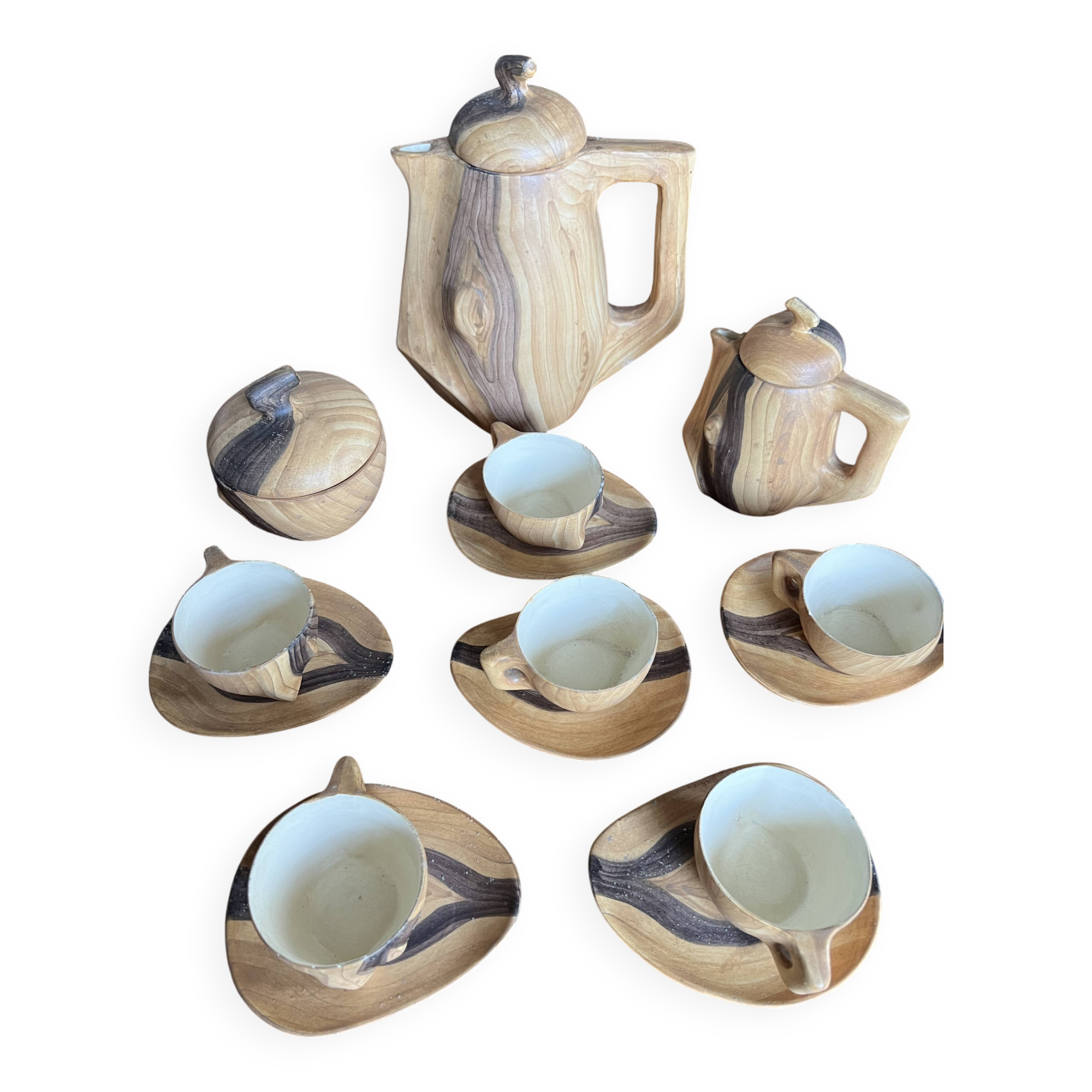 Wooden trompe-l'oeil coffee service – signed Vallauris Grandjean-Jourdan