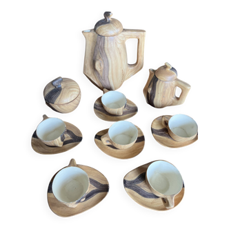 Wooden trompe-l'oeil coffee service – signed Vallauris Grandjean-Jourdan