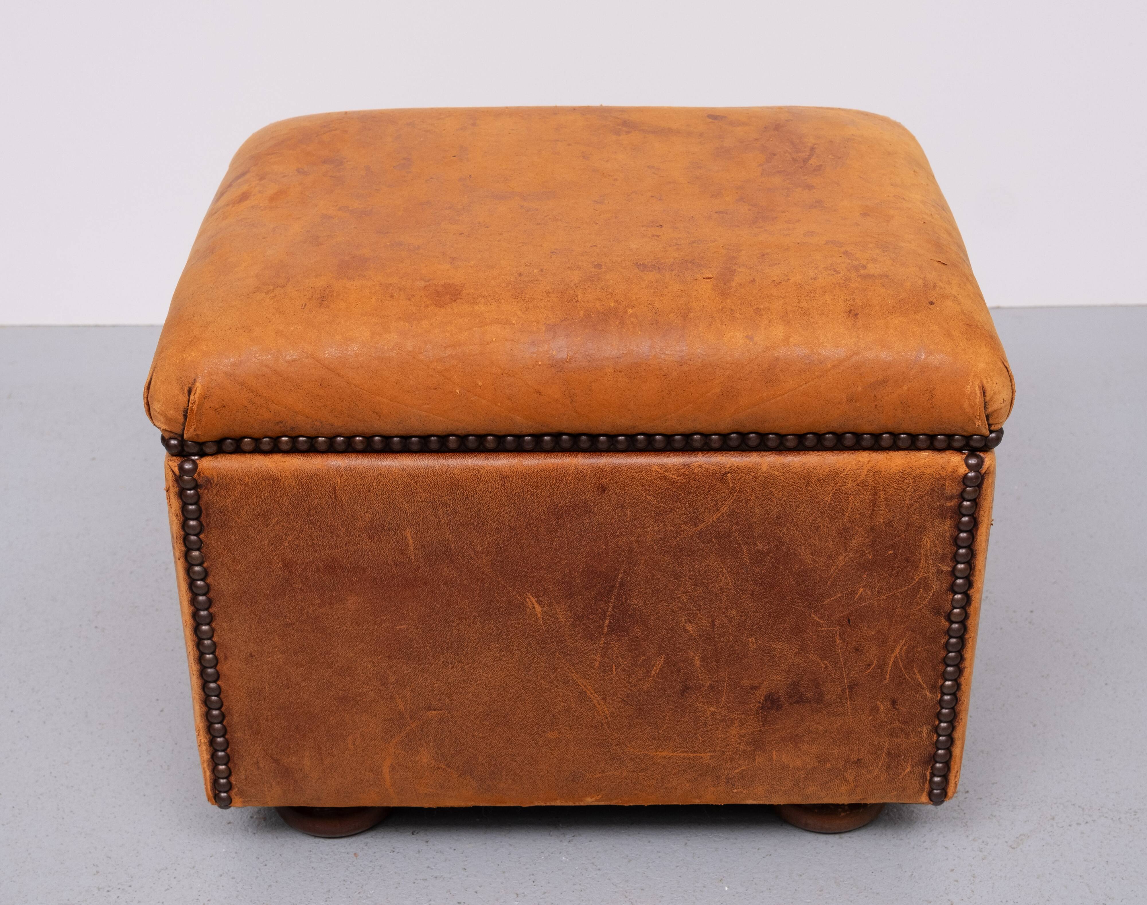 Sheepskin Leather pouf or Ottoman with storage 1970s