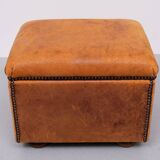 Sheepskin Leather pouf or Ottoman with storage 1970s