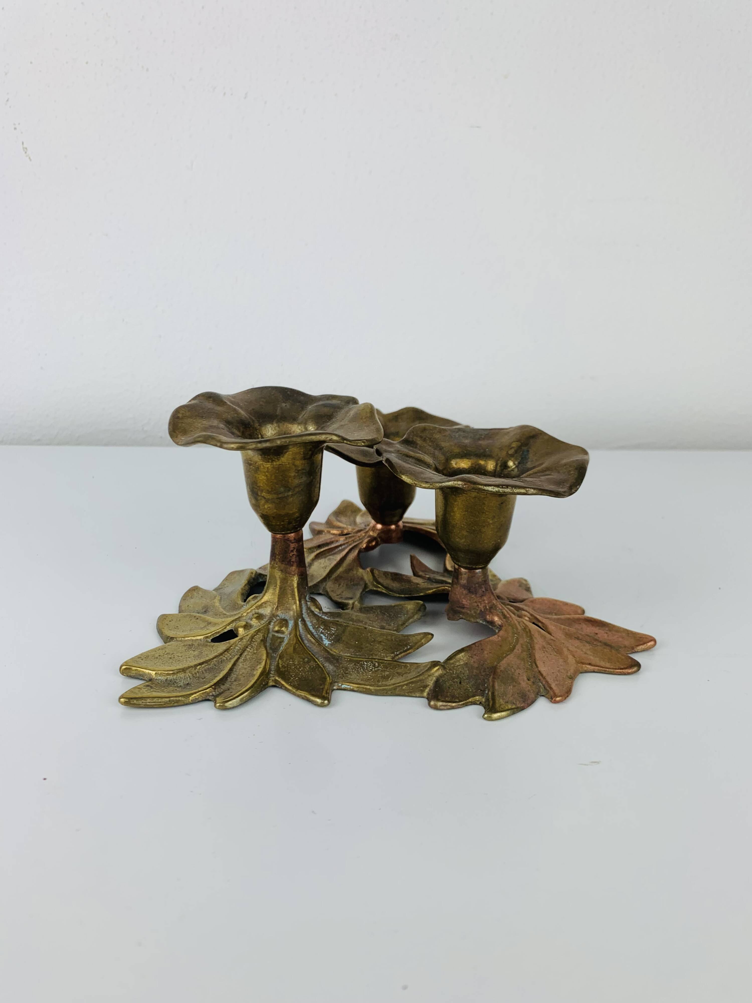 Bougeoir laiton trio de fleurs, vintage