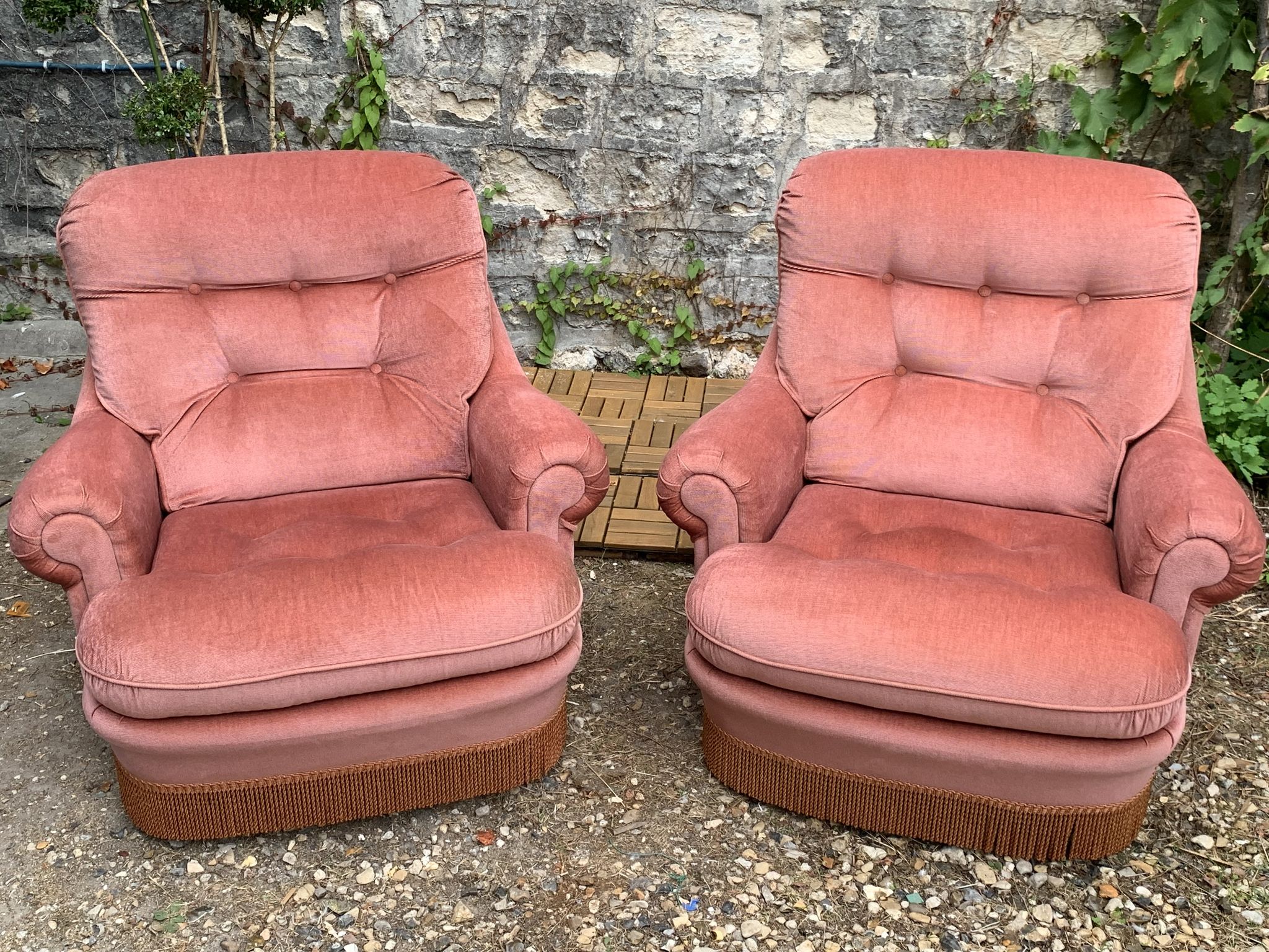 Pair of pink tufted velvet frog chairs 1970
