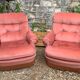 Pair of pink tufted velvet frog chairs from the 1970s.