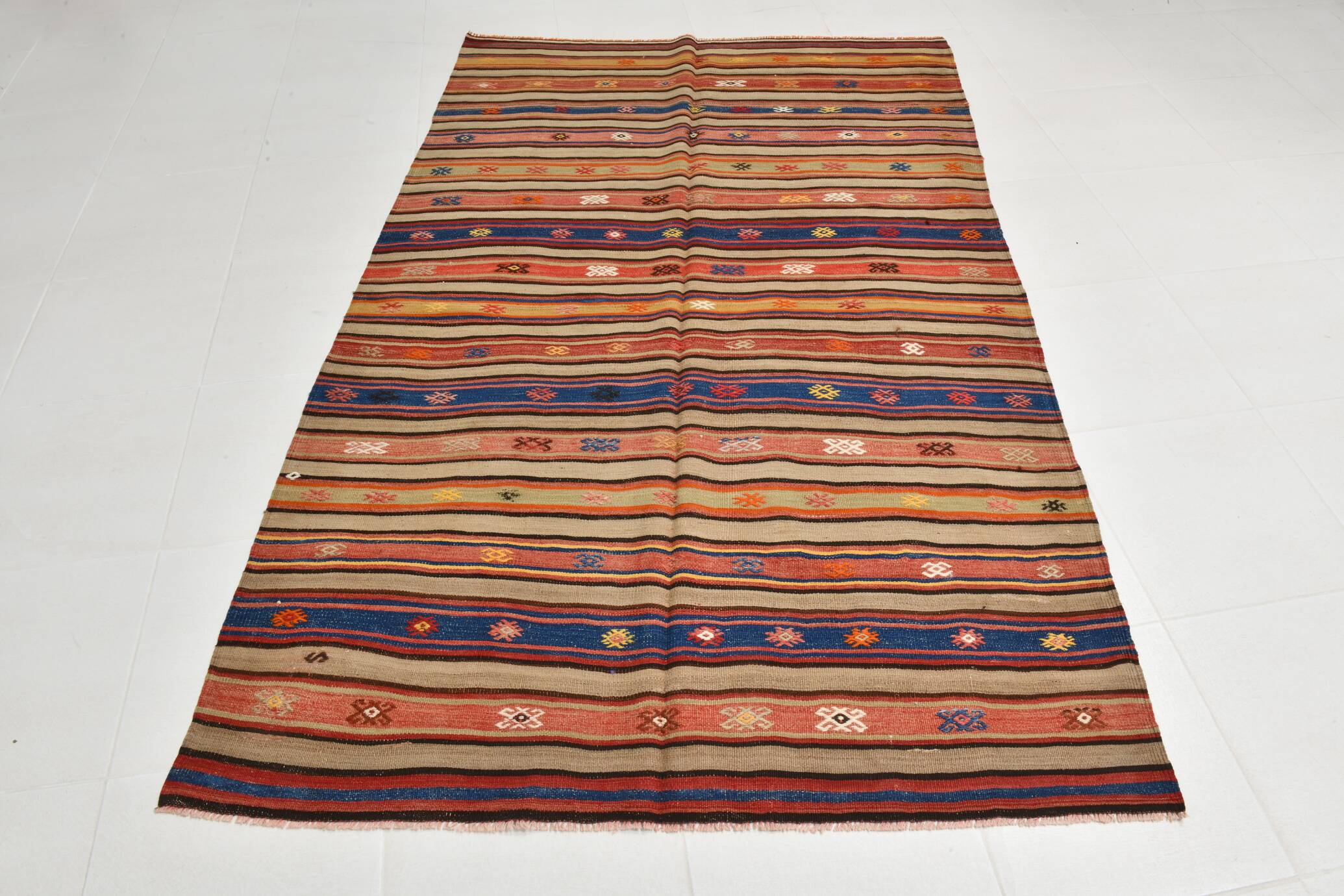 5x8 Wool Kilim Rug, Handwoven Blue & Red Wool Kilim Rug, 143x230Cm