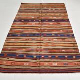 5x8 Wool Kilim Rug, Handwoven Blue & Red Wool Kilim Rug, 143x230Cm