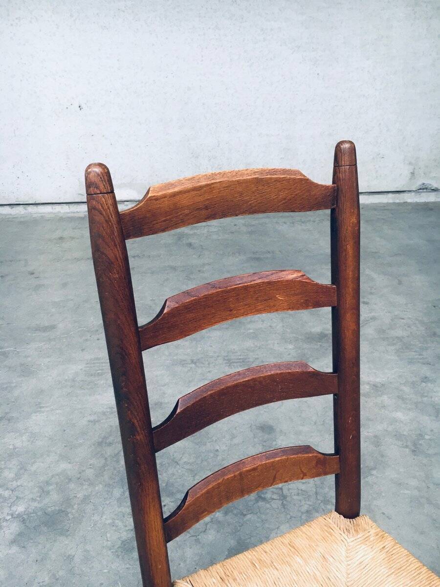 Rustic Ladder Back Oak and Rush Dining Chairs, 1960s, Set of 4