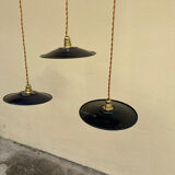Trio de suspensions tôle émaillée noire et blanche vintage style indus