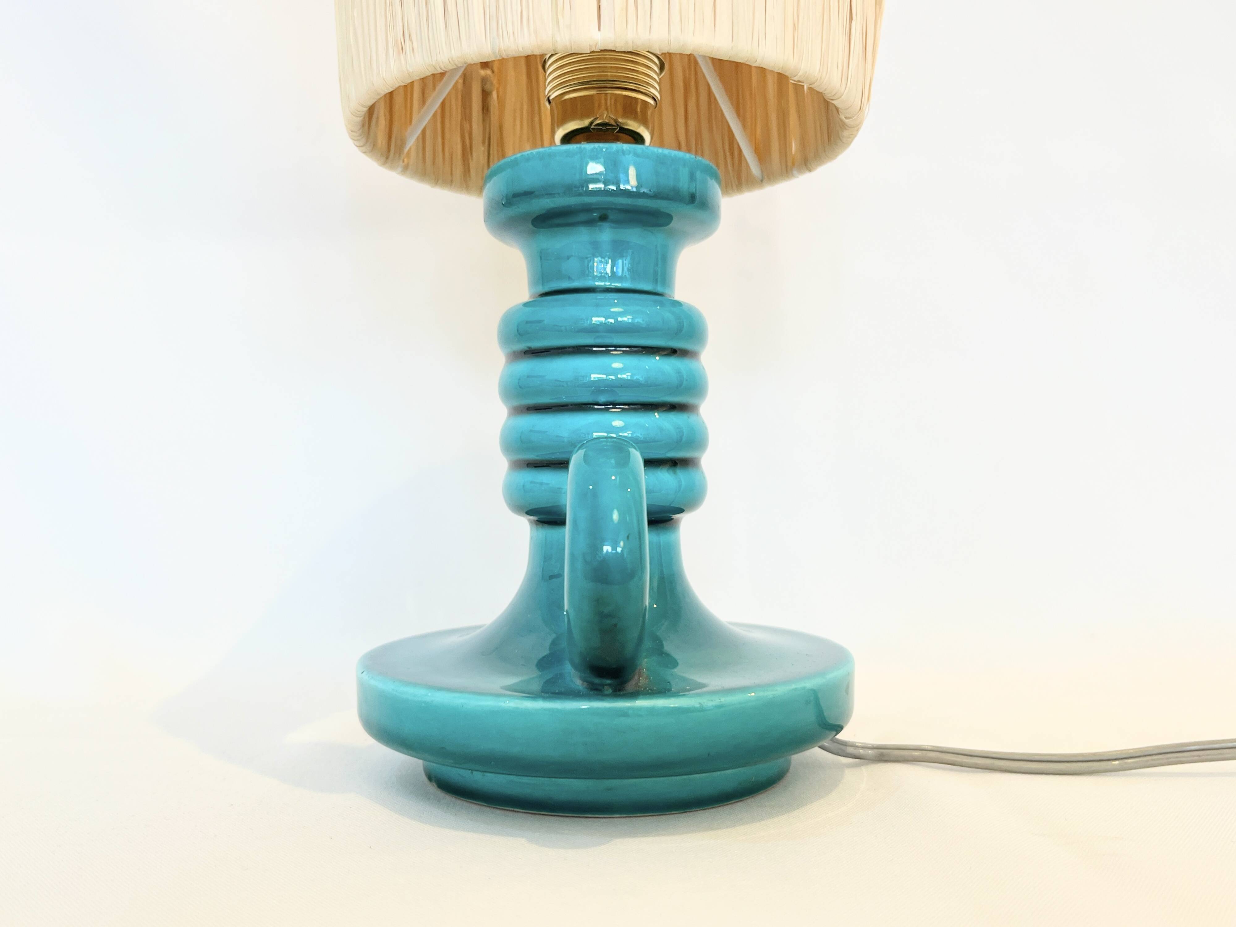 Art Deco green ceramic candle holder lamp base with raffia shade