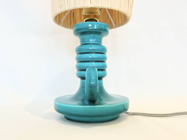 Pied de lampe bougeoir en céramique verte Art Déco et abat-jour raphia
