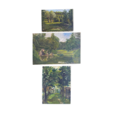 Paintings lot of 3 HST Landscapes Garden Pond early XX°